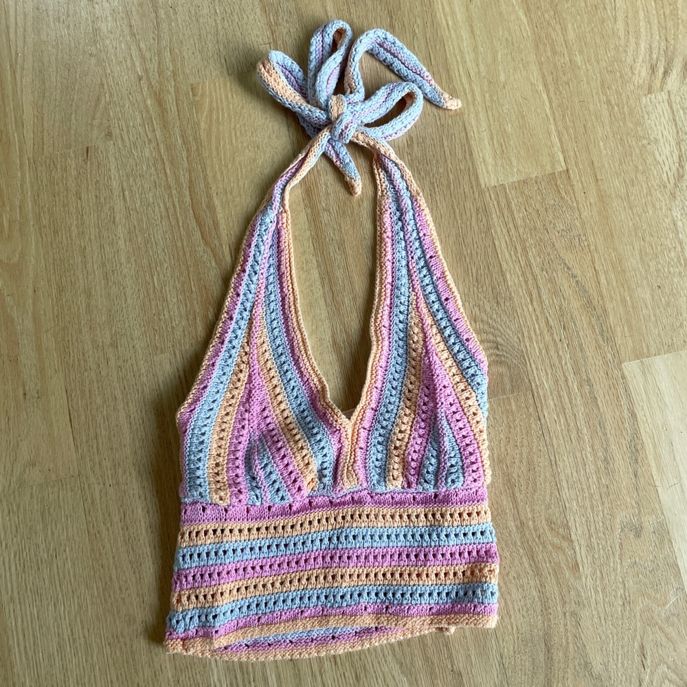 Hollister Crochet Halter Tank Top in Pastel Stripe- Small